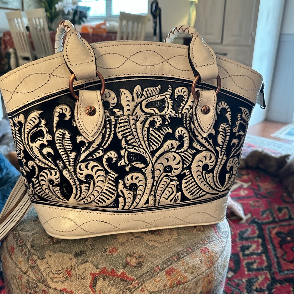 Patricia Nash Cream and Black Embossed Floral Tote with Braided Straps - Picture 10 of 11